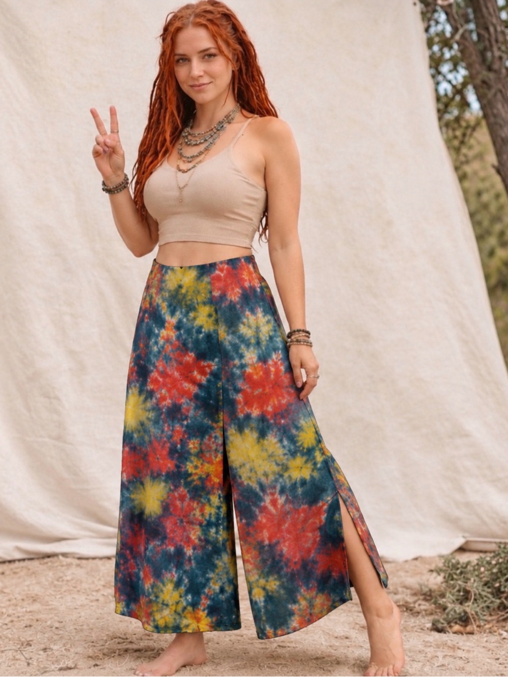 Rhea Jumble Pattern Tie-Dye Pants Blue/Red/Yellow Festival Coastal OS S/M/L NWOT